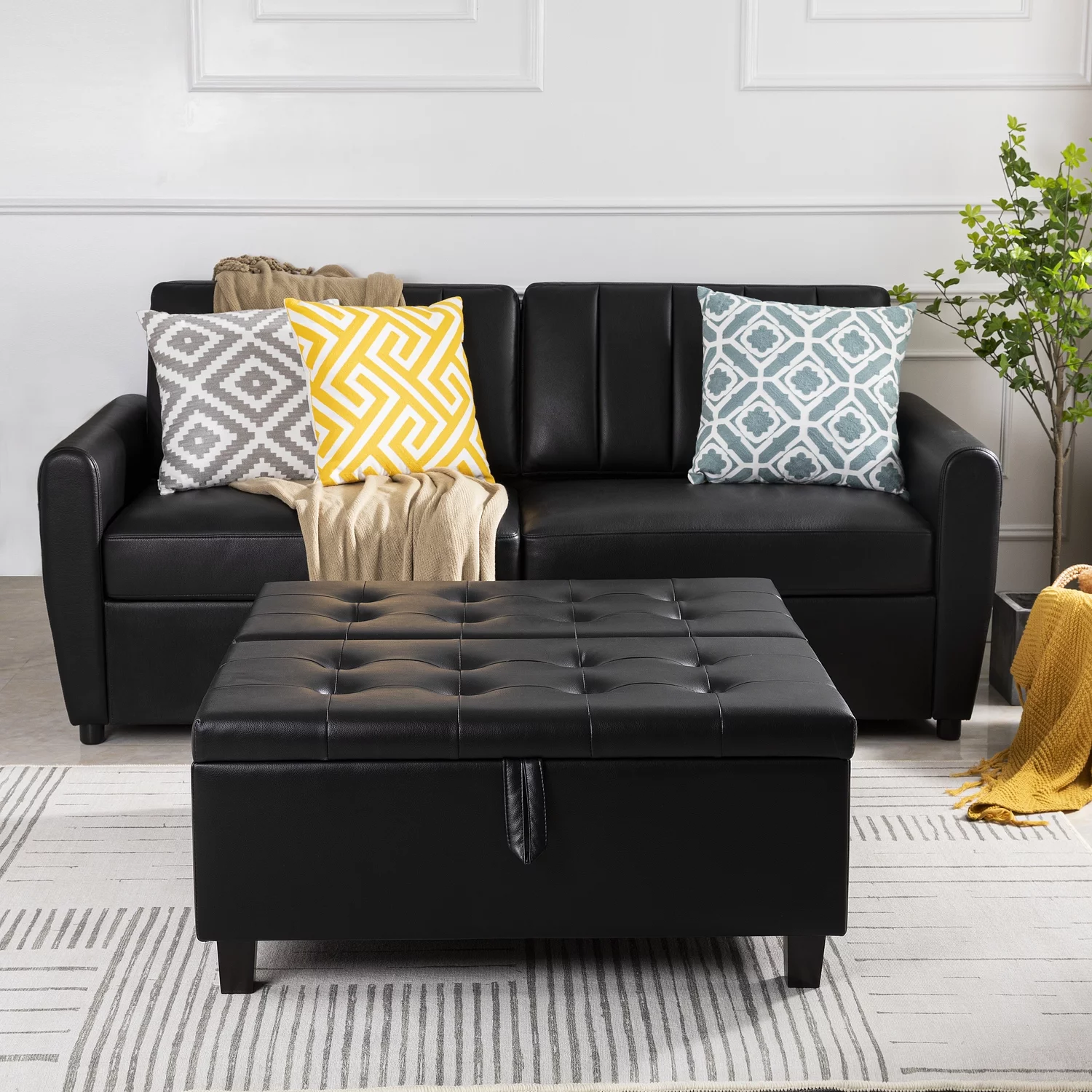 Ciara 35-Inch Air Leather Tufted Upholstered Lift-Top Ottoman Bench, Large Square Storage Coffee Table for Living Room Black