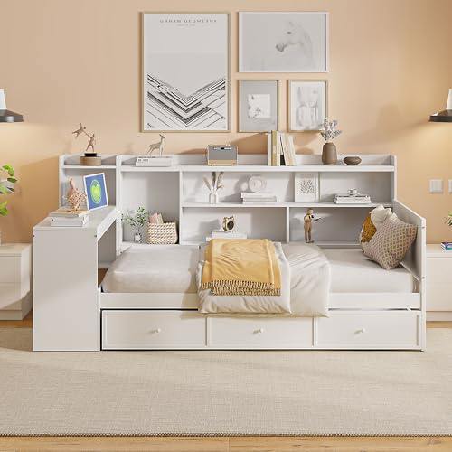 Bellemave Twin Corner Bed Frame with Storage Shelves and Desk, Wood Twin Size Daybed with Bookcase and Drawers and Storage, Gray