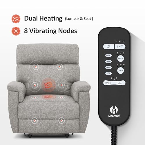 MCombo Power Lift Recliner Chair with Massage and Dual Heating, Adjustable Headrest, Extended Footrest for Elderly People, Fabric R7605 (Dark Grey)