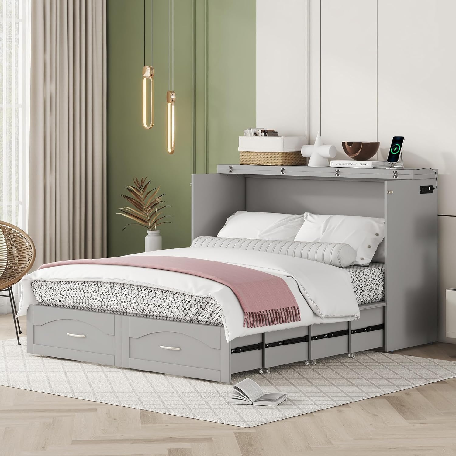 Queen Size Murphy Bed, Pulley Structure Cube Cabinet Platform Bedframe w/Storage Drawers & Sockets - USB Ports, Space-Saving Wall Bed for Guest Room