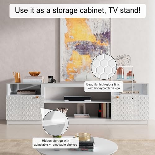 Modern Luxury TV Stand for TVs up to 80",High Gloss Finish Media Console with Two Doors and Storage Cabinets