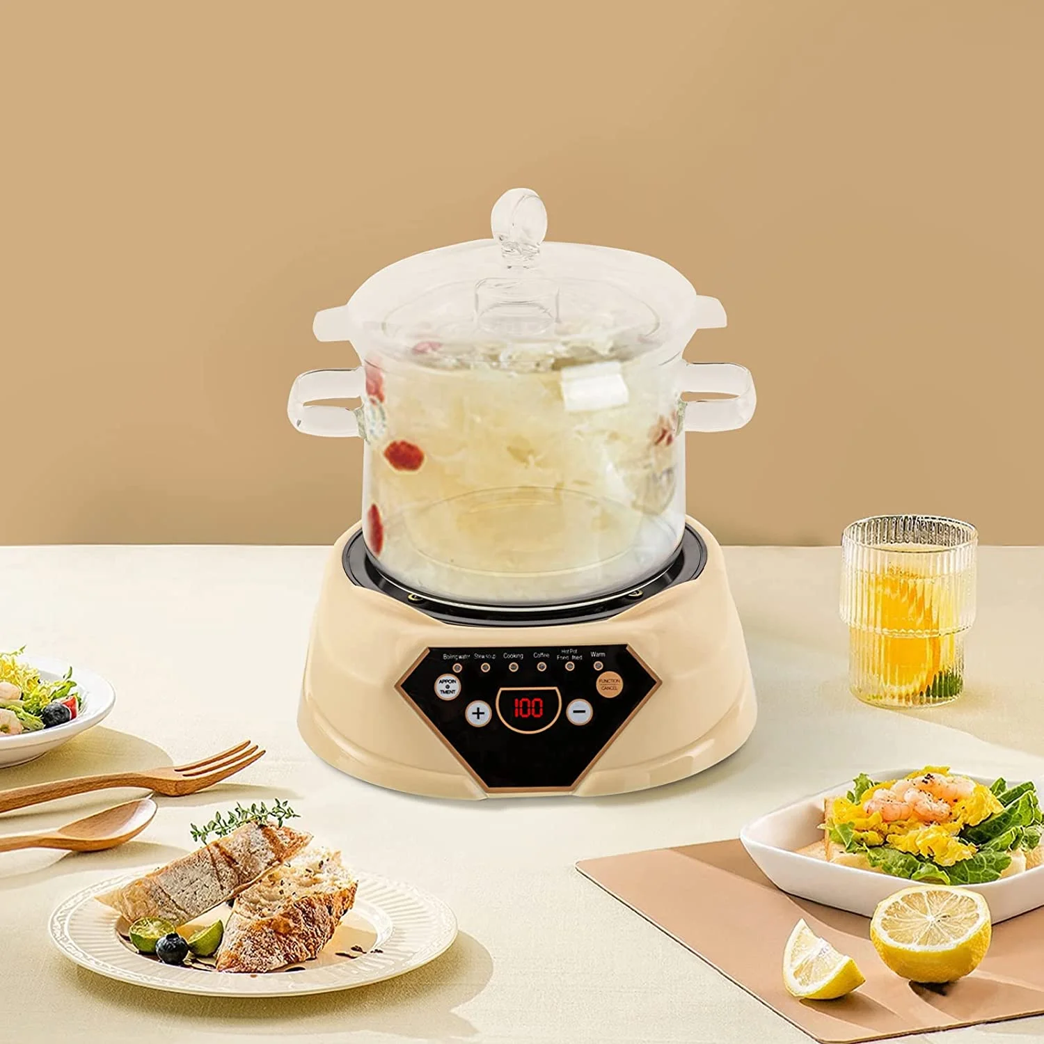 Miumaeov Multifunctional Health Pot 700W Automatic Electric Stew Pot 1.6L for Making Tea, Porridge and Soup, Clear, Cream Yellow