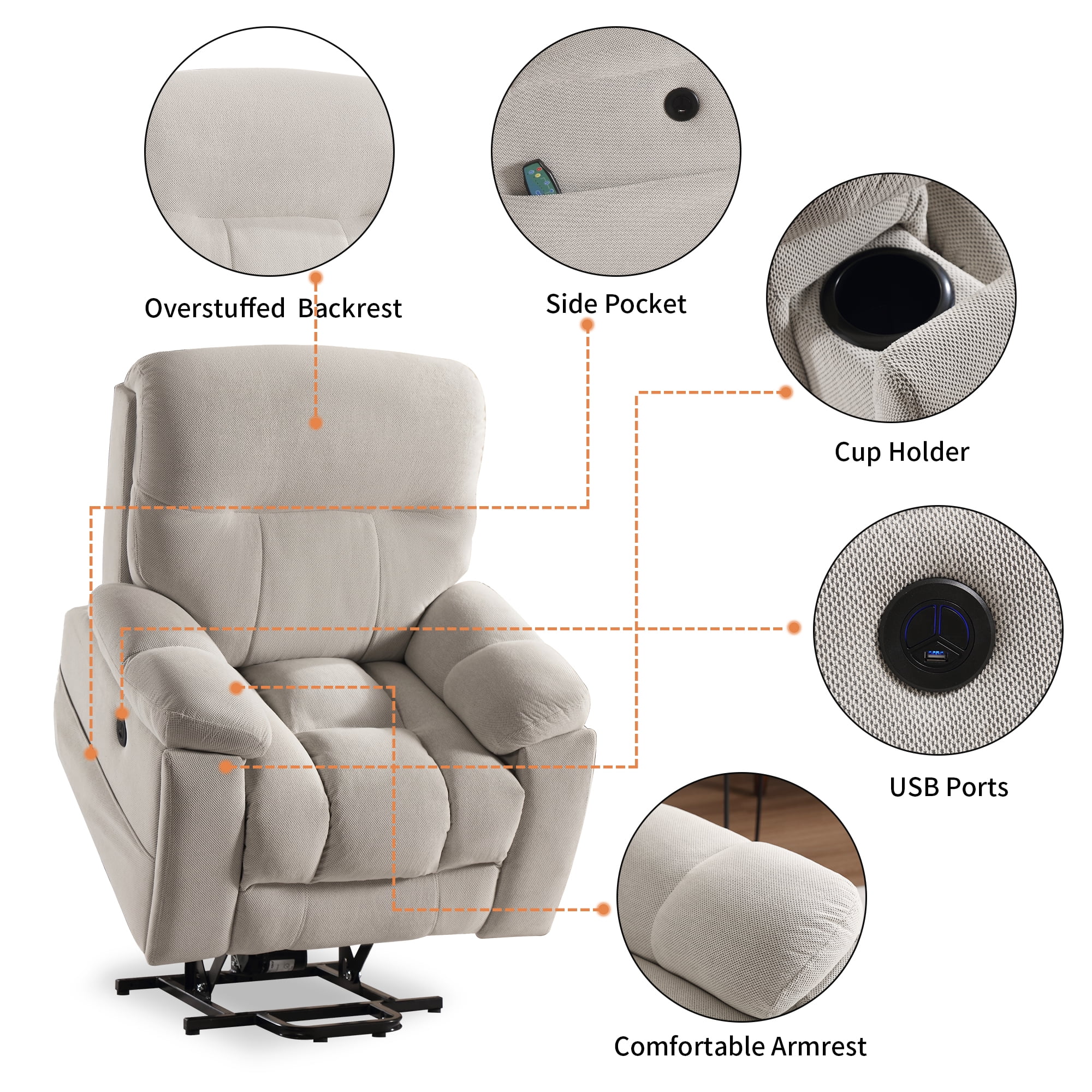 Kbest Large Power Lift Recliner Chair with Massage and Heat for Elderly, Overstuffed Wide Recliners, Heavy Duty Reclining with USB Ports
