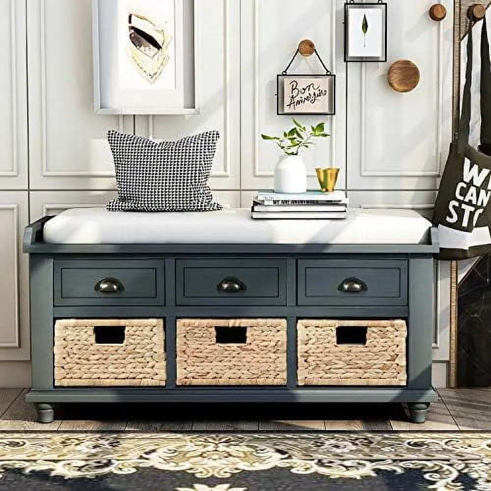 HOOMHIBIU Bench with 3 Basket Drawers  Rustic Entryway Bench/Shoe Bench with Cushioned Seat for Entryway  Hallway  Mudroom  Living Room (White Washed)