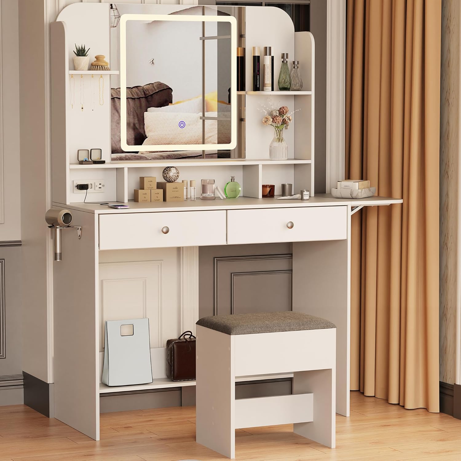 Vanity Set with Mirror and Stool and Lights, Small Makeup Vanity Desk with Fold-Up Panel, Adjustable 3 LED Lighting Colors