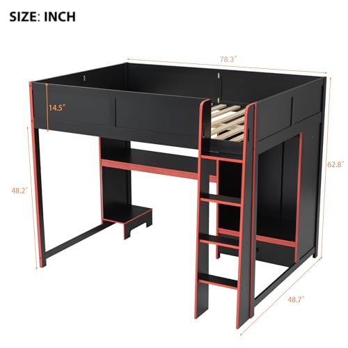 Modern Full Size Gaming Loft Bed with Built-in Desk and Storage Wardrobe, Wood Loft Bed Frame with Light Strip and 2 Drawers