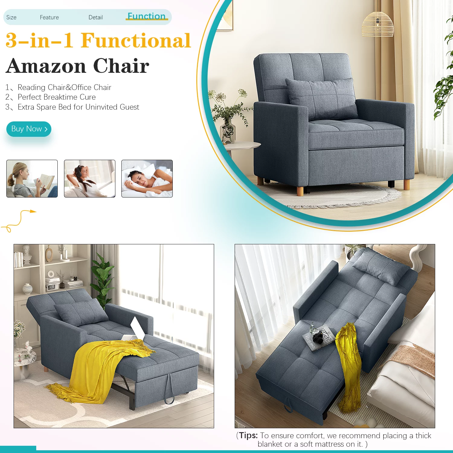 YODOLLA Sleeper Sofa Chair 3 in 1 Sleeper Chairs for Adults Pull Out Chair Bed Sleeper with Extra Pillow and Convertible Backrest Multi-Functional