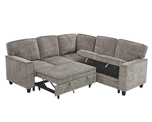 L-Shaped Pull Out Sleep Sofabed,Modern Reversible Sleeper Sectional Sofa Chenille Upholstered Button Tufted Decor with Storage Chaise