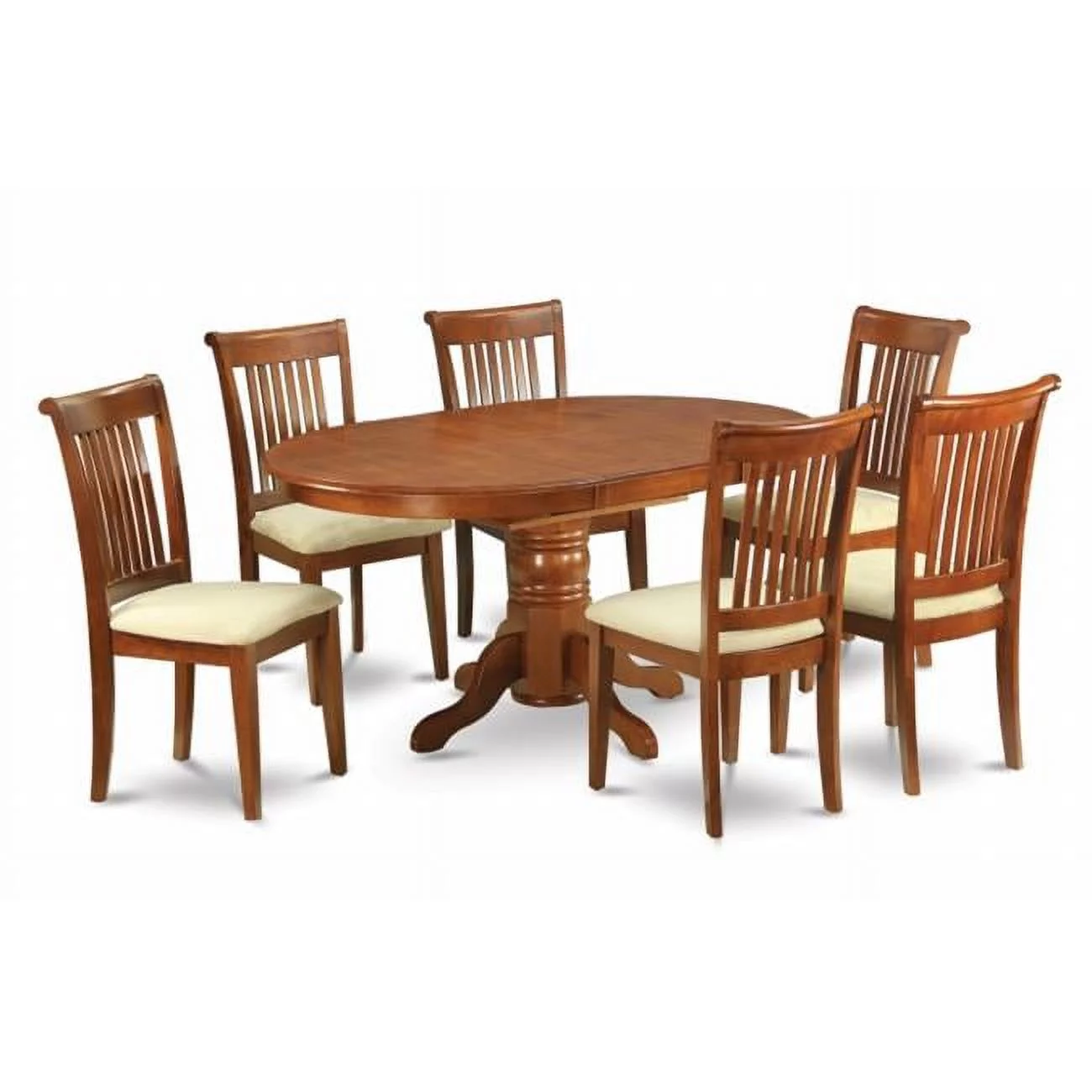 East West Furniture  5PC Oval Dining Set with Single Pedestal with 18 in. leaf Table and 4 Cushioned seat chairs - Saddle Brown