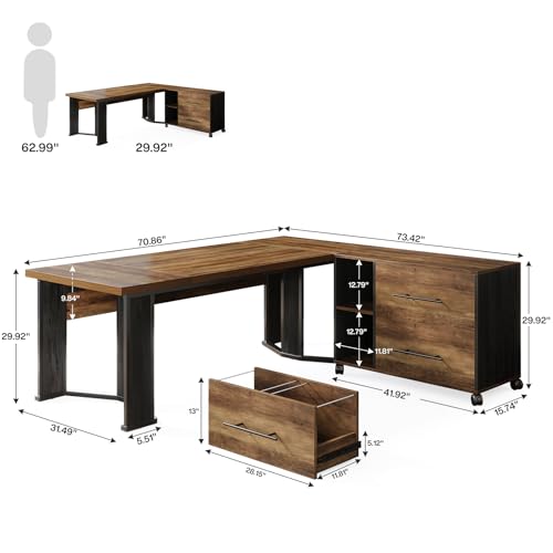 Tribesigns 70.86" Executive Desk with Mobile File Cabinet, Large L Shaped Computer Office Desk with 2 Drawers and Storage Shelves