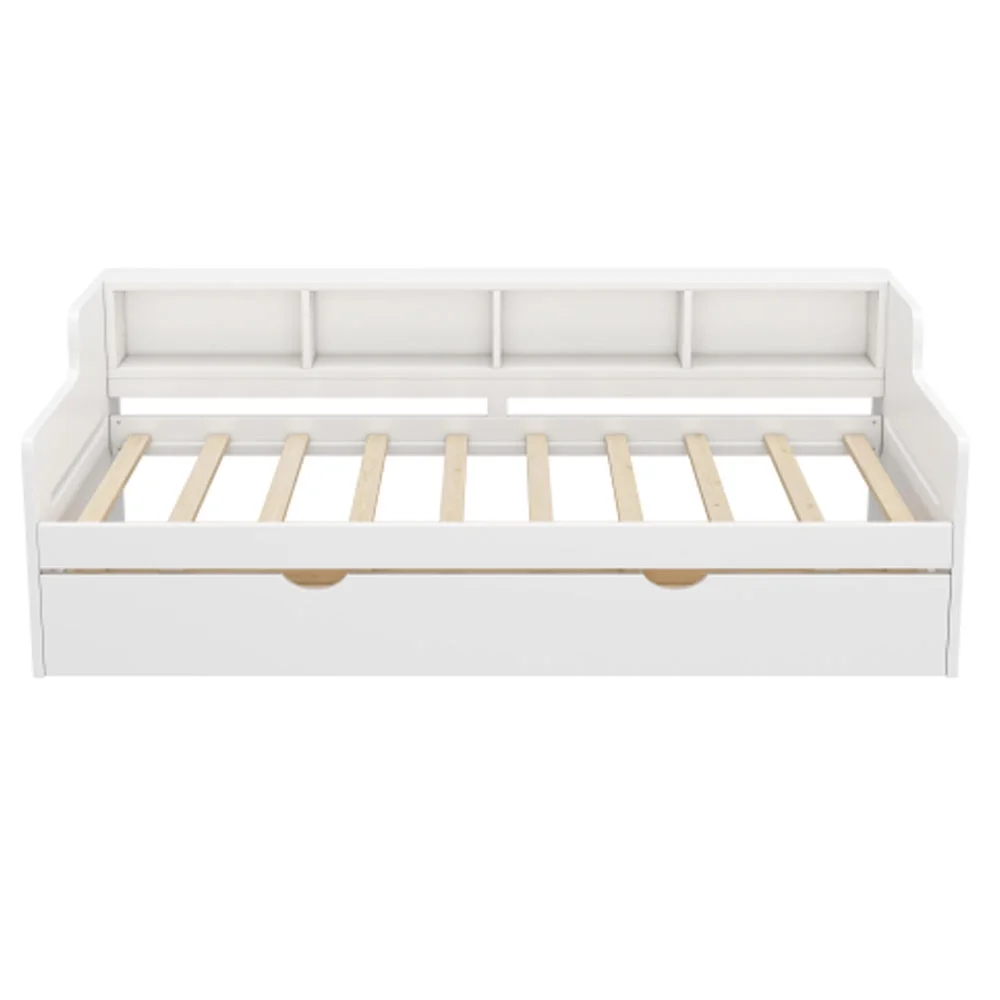 Twin Size Wooden Day Bed with Trundle for Guest Room, Small Bedroom, Study Room, White