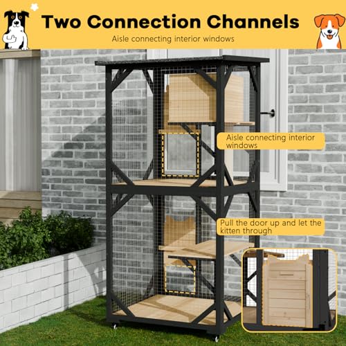 OFIKA Cat House Catio Outdoor Enclosure with Waterproof Roof,71'' cat House & Condos on Wheels for Outdoor Patio,Cat Window Box,Scratching Post（White）