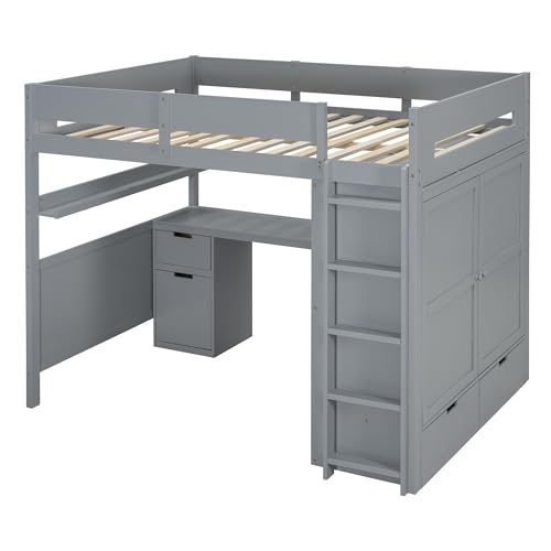 Harper & Bright Designs Twin Size Loft Bed with L-Shaped Desk and Stairs, Solid Wood Loft Bed Frame with Storage Drawers and Bookcase