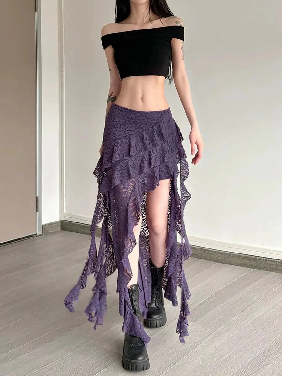 'Tipsy' Boho Style Lace Ruffle Irregular Hem Midi Skirt