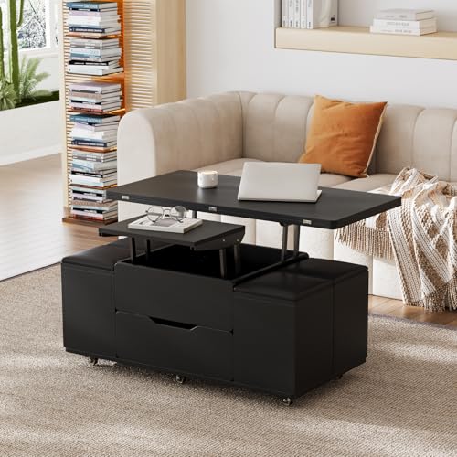 homary Black Lift-Top Coffee Table with Hidden Storage, 3-in-1 Modern Folding Center Table with 4 Stools, Casters
