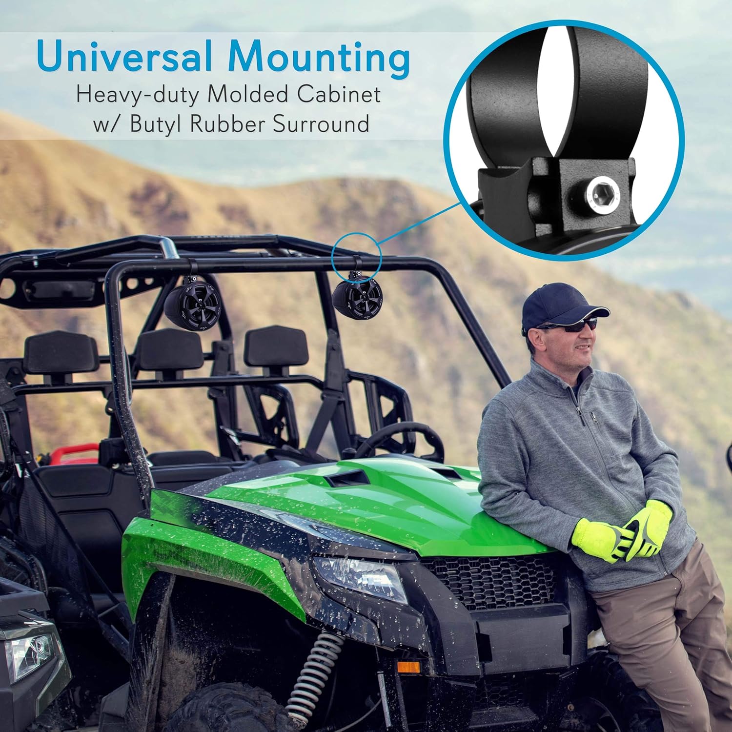 4” Waterproof Off-Road Bluetooth Speakers - 800W Power w/ Amplified Speaker System for ATV/UTV, Aux (3.5mm) Input Jack, Marine Grade Weatherproof