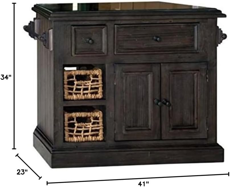 BOWERY HILL Farmhouse Wood Small Kitchen Island with Granite Top in Gray/Black