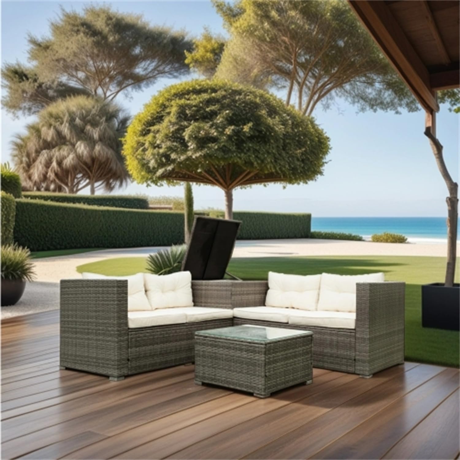 4 Piece Patio Sectional Wicker Rattan Outdoor Furniture Sofa Set with Storage Box - Grey Wicker Creme Cushion