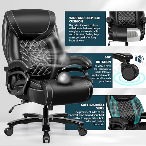Big and Tall 500lbs Office Chair,Heavy Duty Large PU Leather Executive Desk Chair with Wide Seat