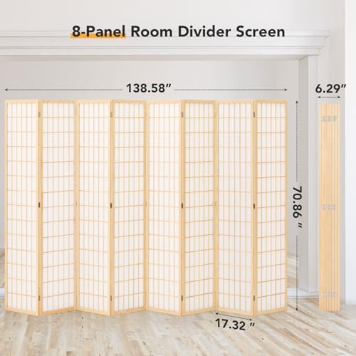 JOSTYLE Room Divider Wall Shoji Screen, 6 Panel Folding Privacy Screen for Room Separation, Japanese Wood Room Divider, 5.9 Ft, Natural