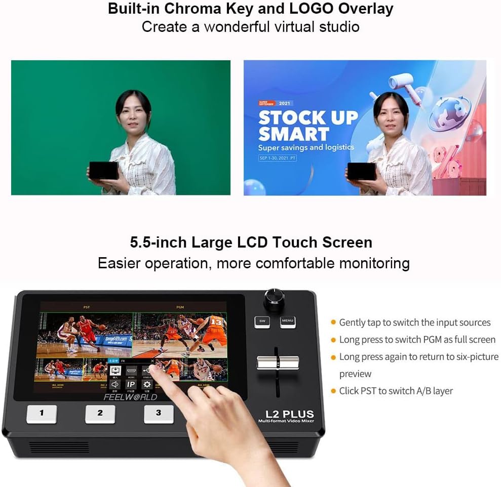 FEELWORLD L2 Plus 5.5 inch Camera Video Mixer Switcher PTZ Controller Chroma Key 4 x HDMI Inputs USB 3.0 Output Format for Live Streaming Built-in
