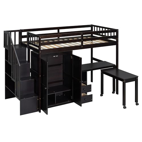 Harper & Bright Designs Twin Size Loft Bed with Stairs and Bookshelf, Wood Twin Storage Bed with Desk & Wardrobe