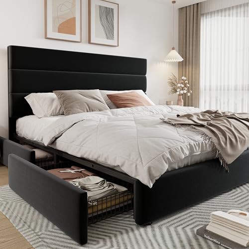 Allewie Modern Full Size Platform Bed Frame with 4 Storage Drawers and Velvet Upholstered Headboard, Wooden Slats Support
