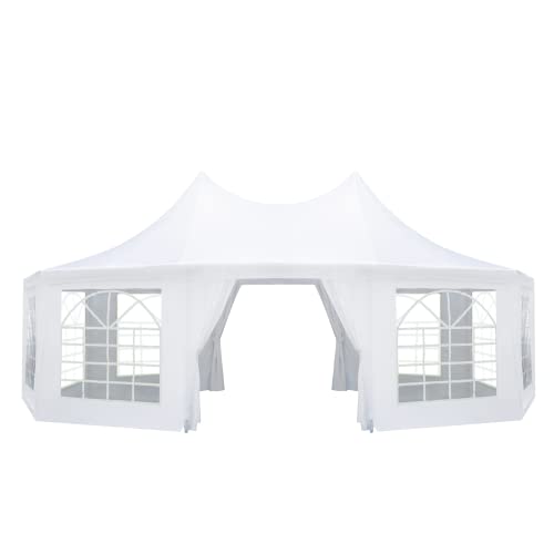 EROMMY 26x19ft Party Tent, White Wedding Tent, Decagonal Heavy Duty Canopy with 8 Removable Sidewalls, 8 Church Windows and 2 Pull-Back Doors