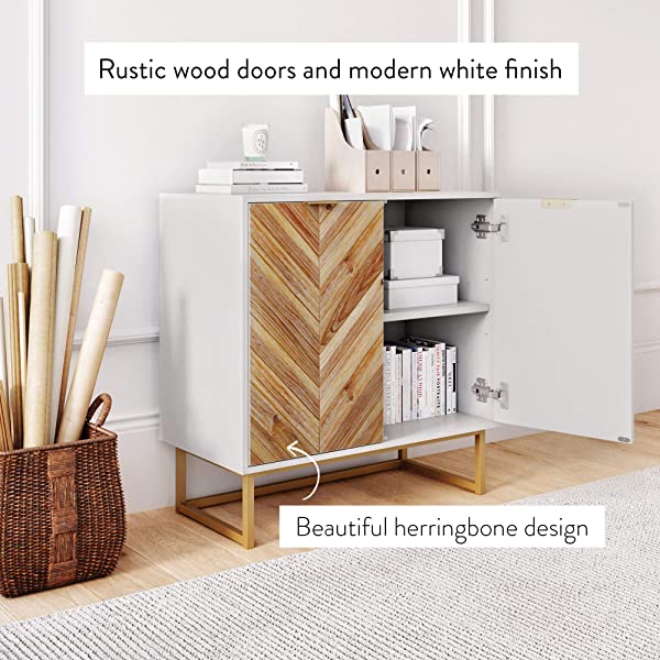 Nathan James Enloe Modern Storage, Free Standing Accent Cabinet with Doors in a Rustic Fir Wood Finish Powder-coated Metal Base for Hallway