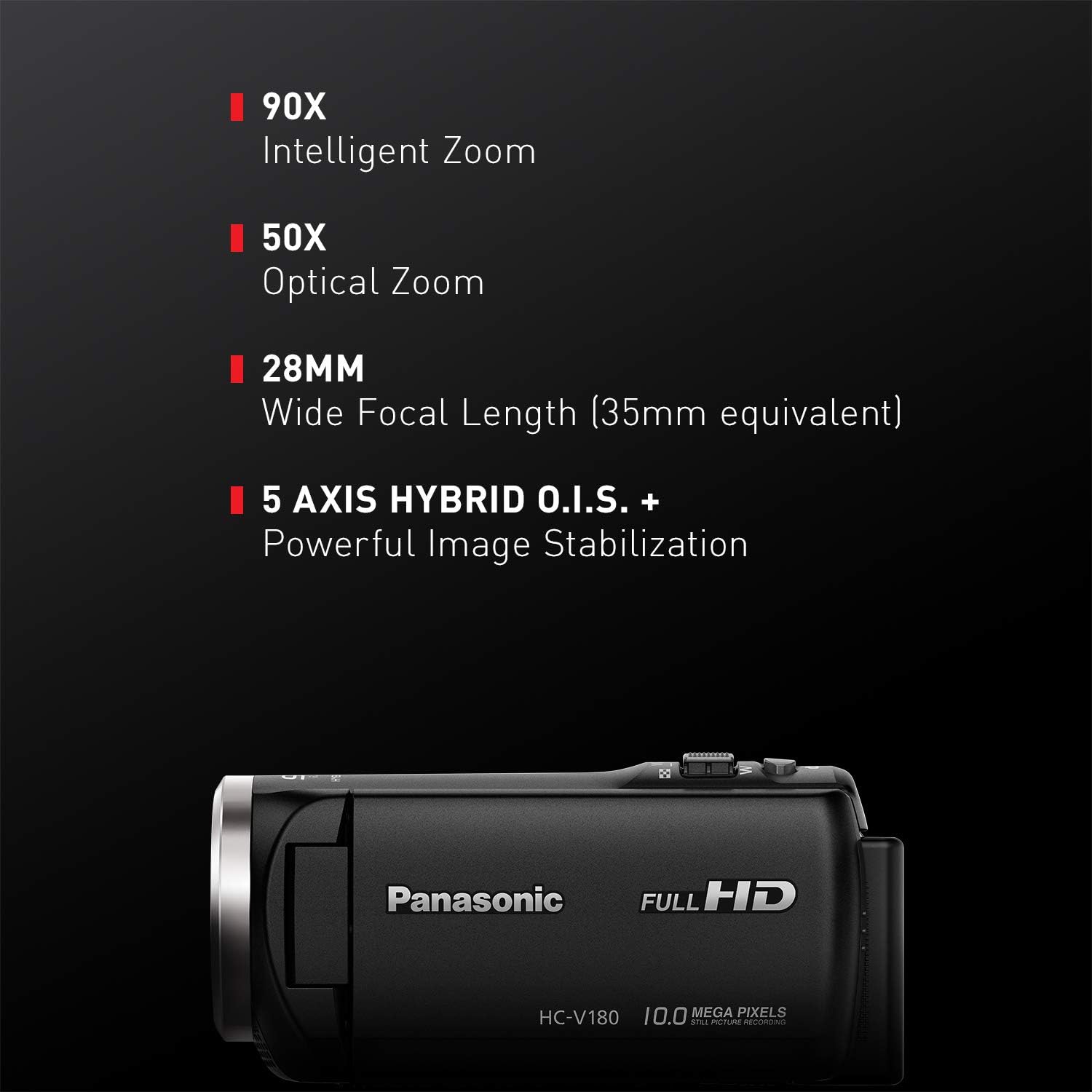 Panasonic Full HD Video Camera Camcorder HC-V180K, 50X Optical Zoom, 1/5.8-Inch BSI Sensor, Touch Enabled 2.7-Inch LCD Display (Black)