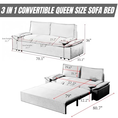 3 in 1 Convertible Queen Sleeper Sofa Bed Comfy Pull Out Futon Couch Bed 63.8" Modern Velvet Recliner Loveseat Sofa Multi-Functional Black Cloud