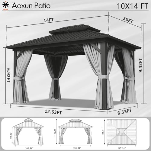 Aoxun 10' X 12' Hardtop Gazebo, Aluminum Metal Outdoor Gazebo with Galvanized Steel Double Roof