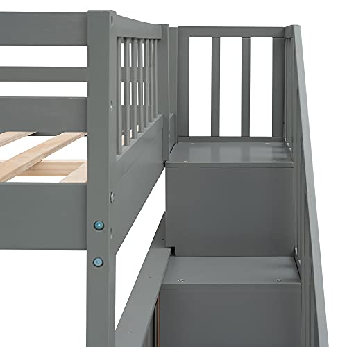 Harper & Bright Designs Twin Over Twin Bunk Bed with Stairs and Trundle, Solid Wood Stairway Bunk Bed Frame with Storage
