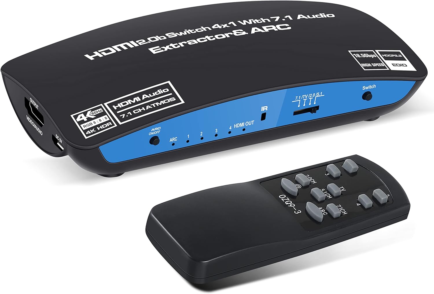 4K@60Hz HDMI Switch 4x1 with 7.1 Audio Extractor, avedio links 4 Port HDMI2.0b Switch Box with HDMI Atmos 7.1CH/ Optical 5.1CH/3.5mm Audio Out