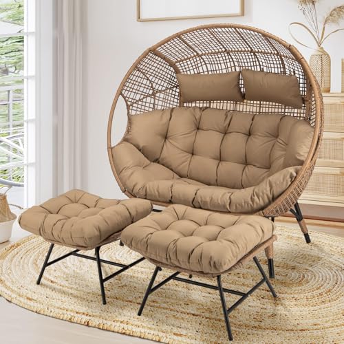 NICESOUL® Double Egg Chair Indoor Outdoor Stationary Oversized Thicken Padded Cushions, 2 Person Egg Loveseat Chair