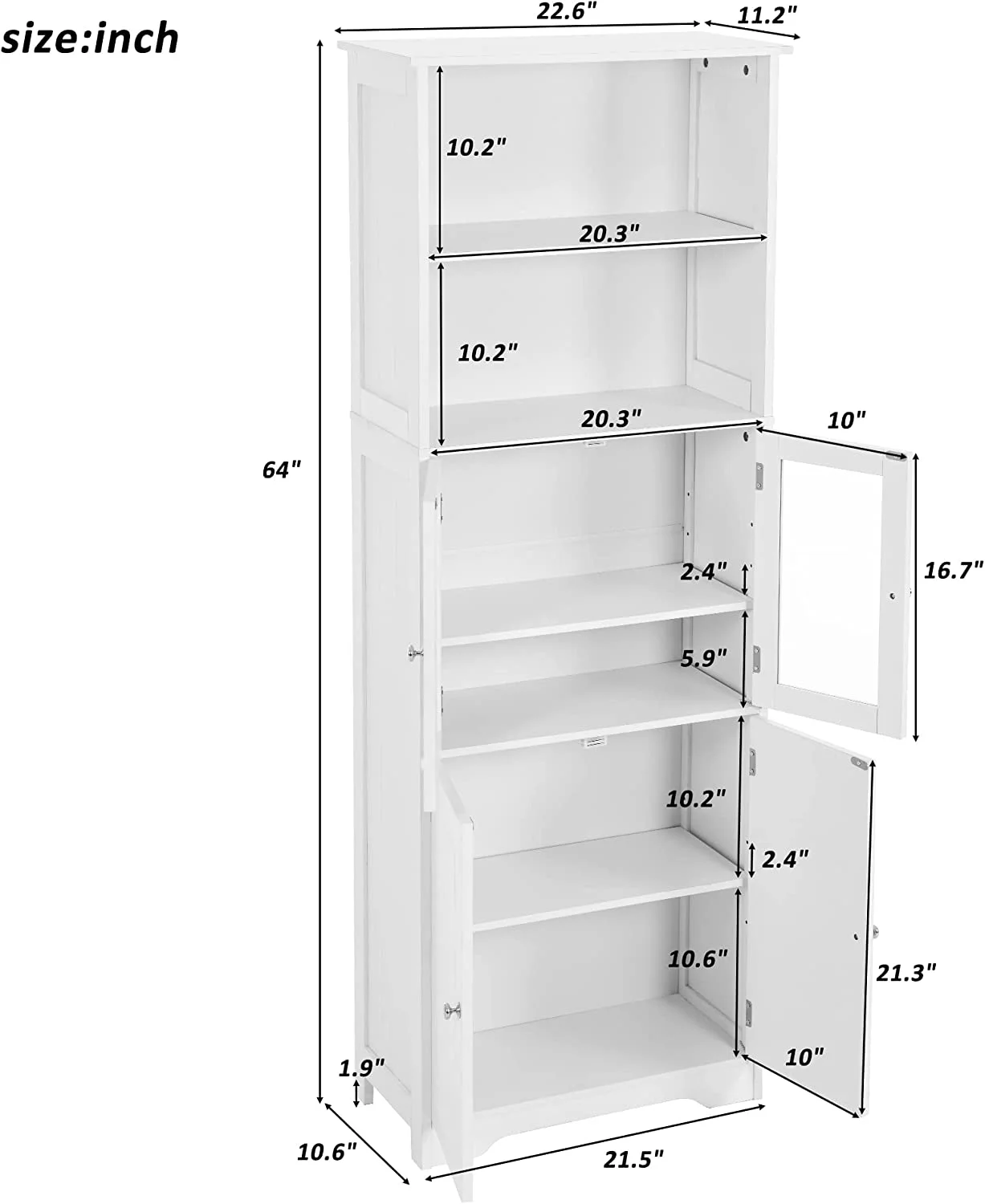 WANHUI, White Storage Cabinet with Glass Doors, Open Bookcase, Pantry Cupboard, Freestanding Organizer Display for Bathroom, Kitchen, Office