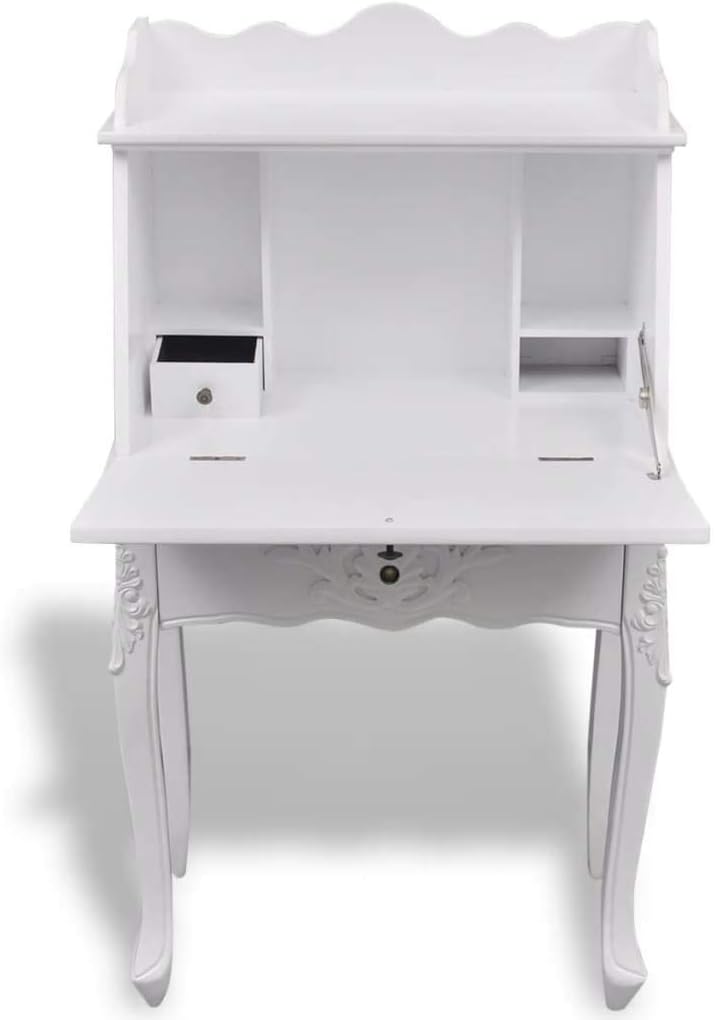 INLIFE Wooden French Secretary Desk Desktop with Storage Drawer and Shelves Cabinet Writing Study Desk 24x14x44(WxDxH)