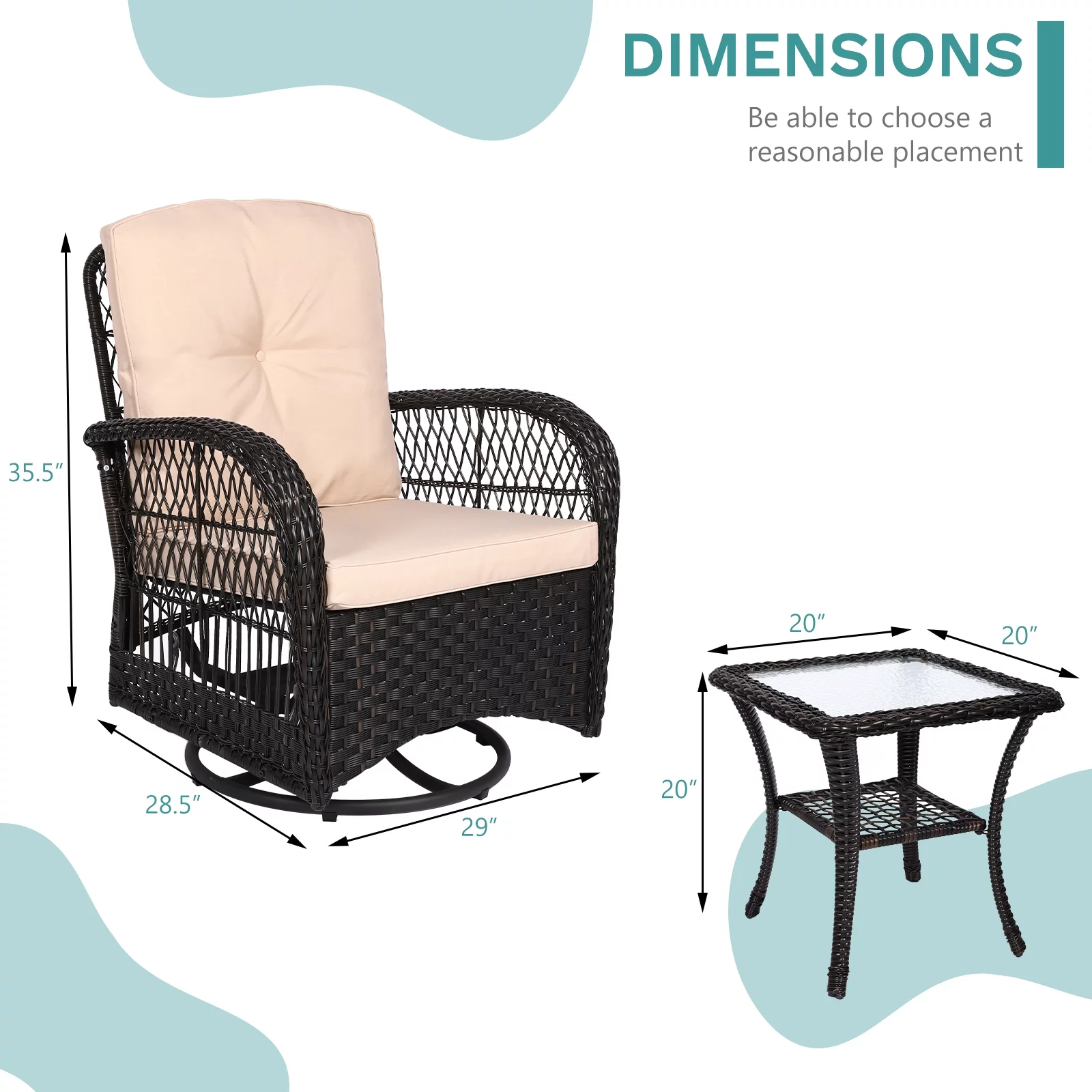 MEETWARM 3 Pieces Outdoor Wicker Swivel Rocker Patio Set