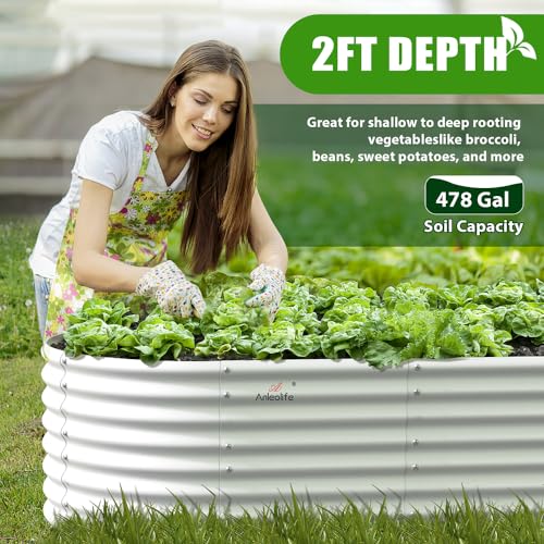 A ANLEOLIFE 8X4X1.5 ft Galvanized Raised Garden Beds Outdoor, Oval Large Metal Planter Box for Planting Vegetables Flowers Herb