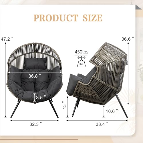 Vongrasig Outdoor Wicker Egg Chair PE Rattan Chair with Cushion, Oversized Patio Lounge Chair for Outdoor, Indoor, Balcony, Backyard, Garden, Black