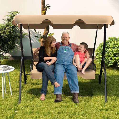 Tangkula 3 Person Porch Swing, Patio with Removable Cushion & Powder-Coated Steel Frame, Outdoor Swing with Canopy for Porch, Backyard, Garden