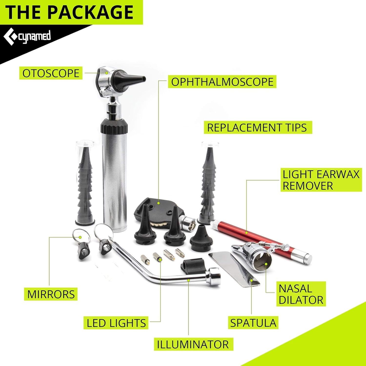 CynaMed ENT Diagnostic Kit - Ear, Nose, Throat Examination Instruments Set - Otoscope, Opthalmoscope, Earwax Remover, Nasal Dilator, Speculum