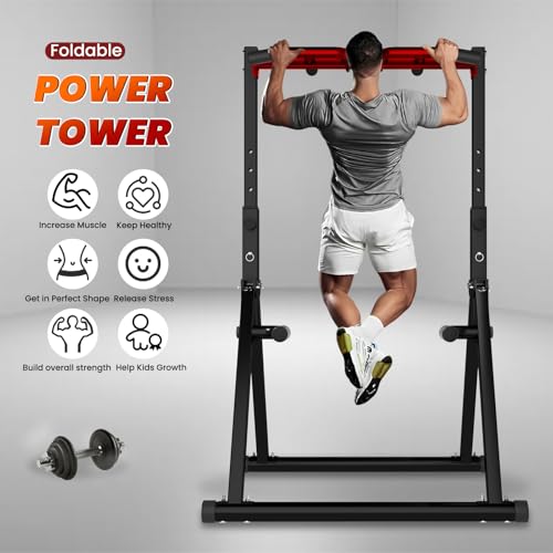 Power Tower Pull Up Dip Station Foldable, Pull Up Bar Station Adjustable, Multi-Function Home Gym, Strength Training Fitness Equipment