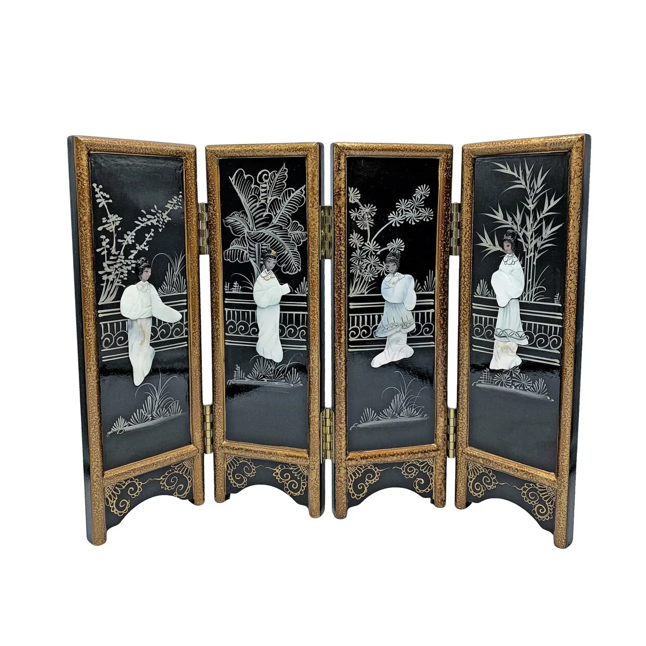 14" H. Hand Painted Oriental Black Lacquer with Mother of Pearl Folding Screen - Oriental Furniture Warehouse