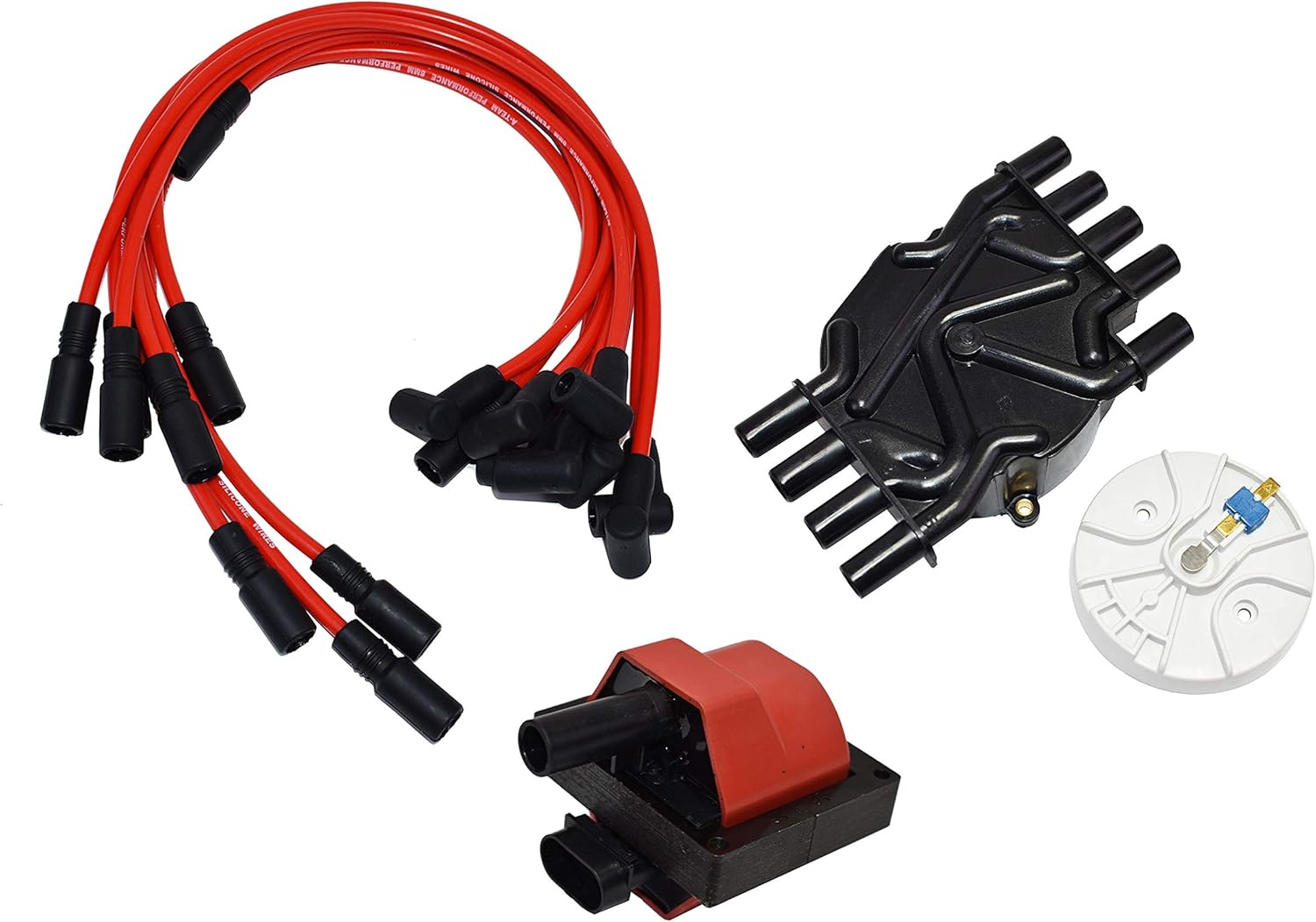 A-Team Performance - Distributor Cap, Rotor, Remote Ignition Coil Tune Up Kit, and 8.0mm Spark Plug Wires Kit