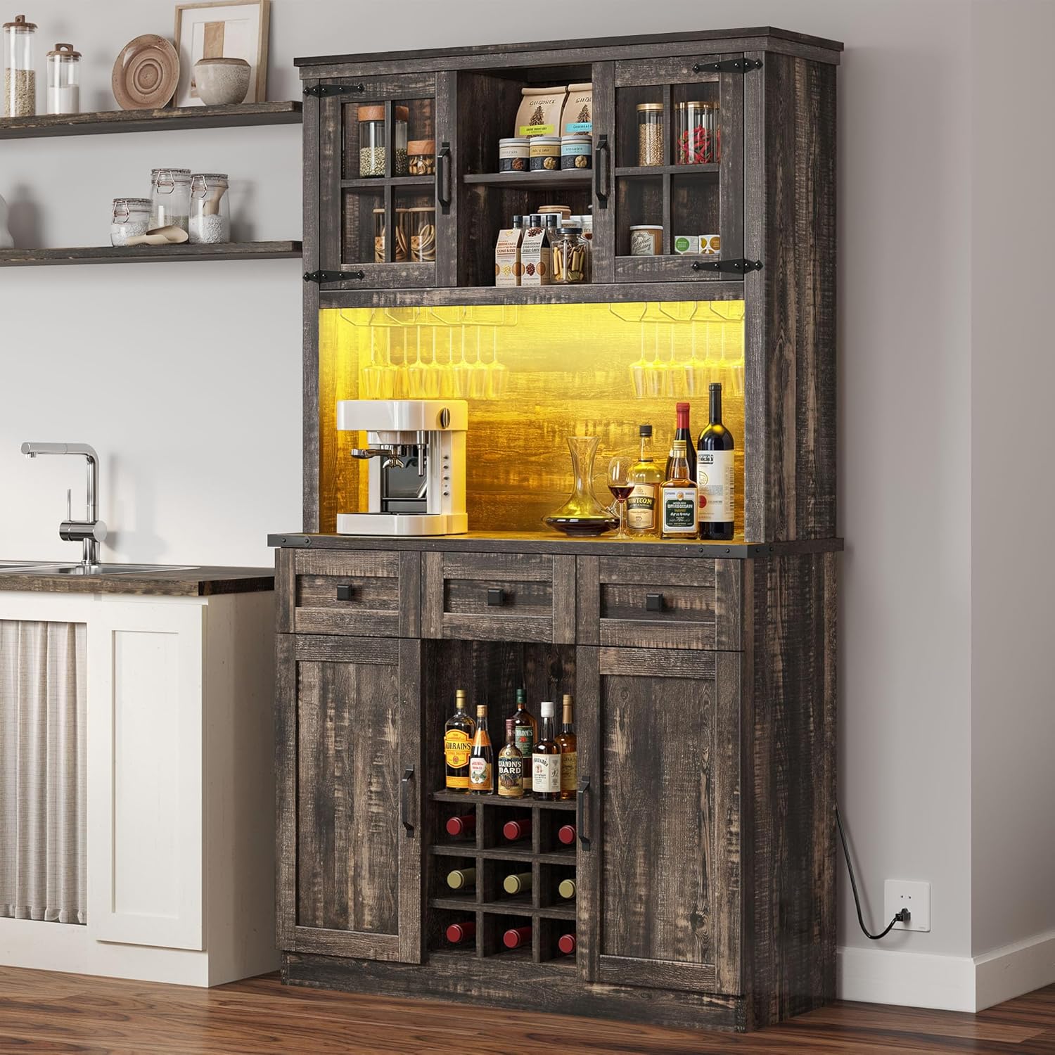 DWVO 72'' Kitchen Pantry Storage Cabinet with Lights, Microwave Stand Tall Traditional Home Bar Cabinet with Power Outlet