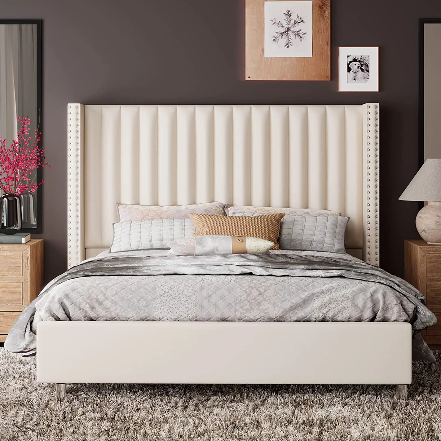 Jocisland Bed Frame King Size Upholstered Bed Wingback Headborad Velvet Channel Tufted/No Box Spring Needed/Cream