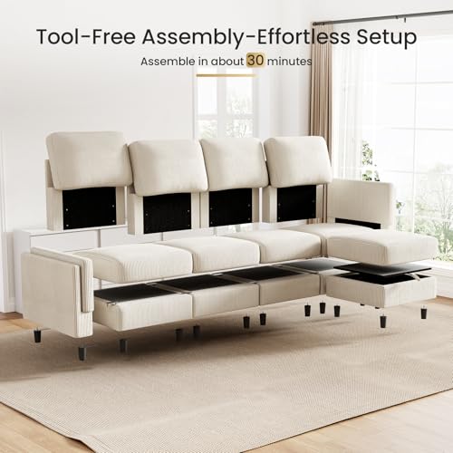 KKL Modular Sectional Sofa Bed with Storage Ottoman, Convertible L/U-Shaped Sleeper Couch for Living Room, Modern Reversible Design, Beige