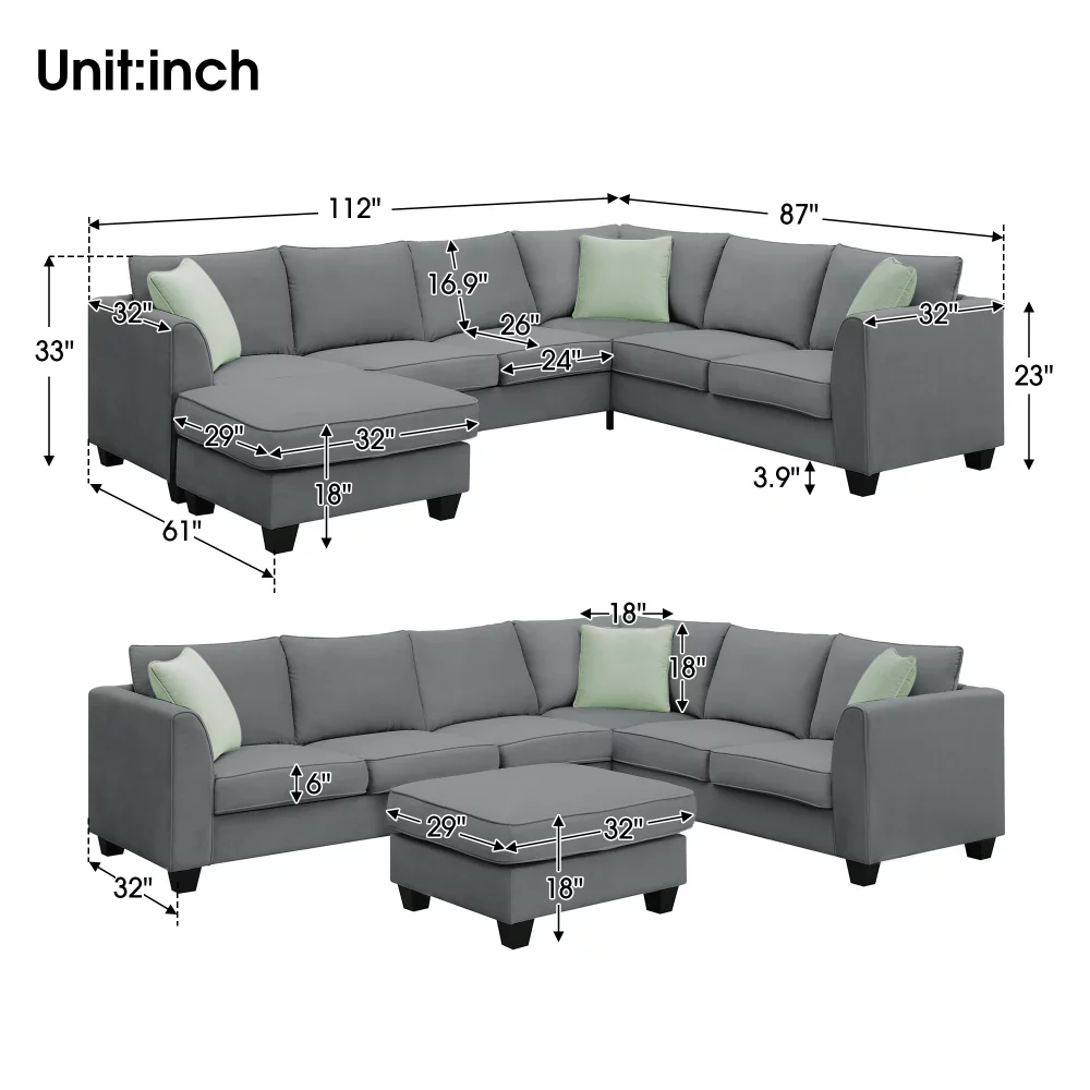 112*87" Sectional Sofa Couches Living Room Sets 7 Seats Modular Sectional Sofa with Ottoman L Shape Fabric Sofa Corner Couch Set with 3 Pillows,Grey