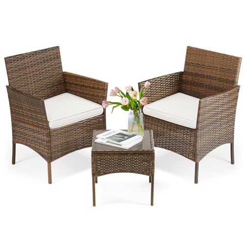 DUMOS Patio Furniture Set 4 Pieces, Outdoor Wicker Furniture with Coffee Table, Modern Rattan Patio Chairs Conversation Sets with Sofa for Garden